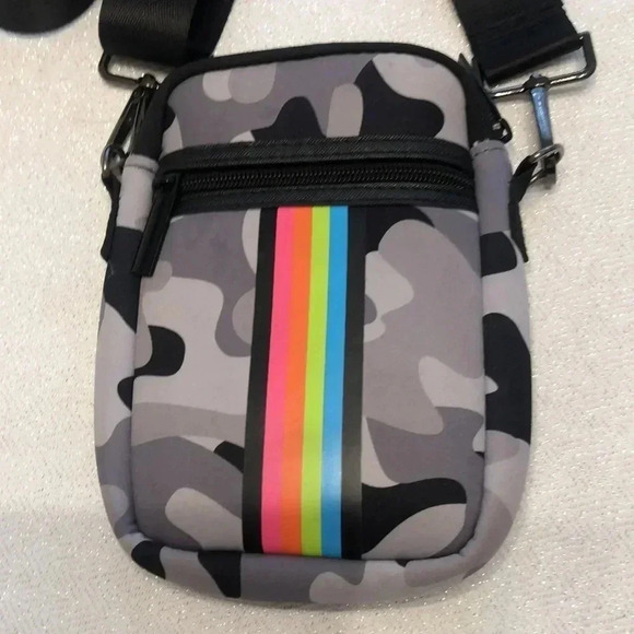 Haute Shore crossbody bag.  Grey/black camo design with rainbow stripe on front. - Picture 2 of 7